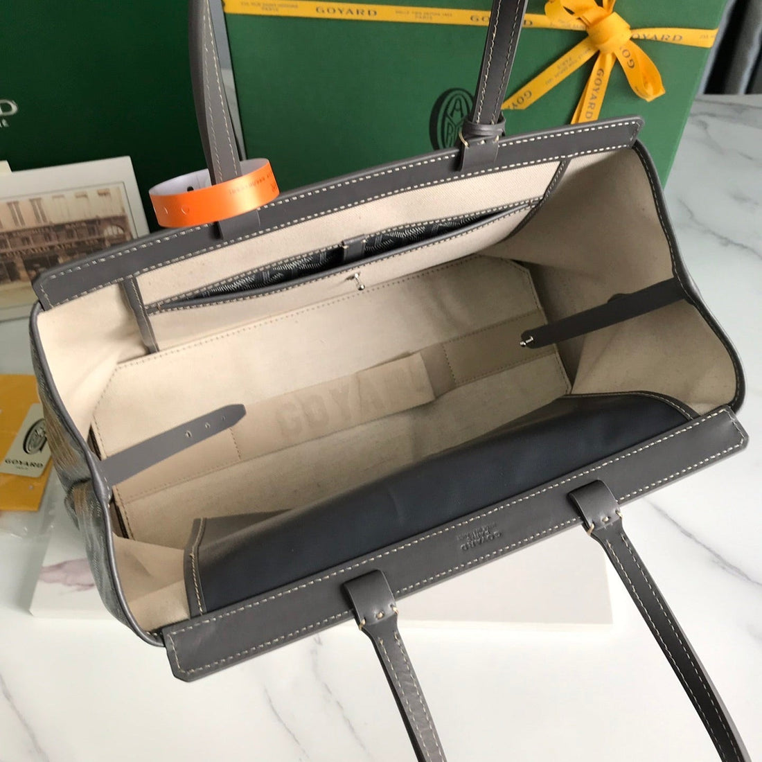 BELLECHASSE BIAUDE PM BAG 36 IN GRAY GOYARDINE CANVAS AND CALFSKIN TRIM House Of Sarah Bags