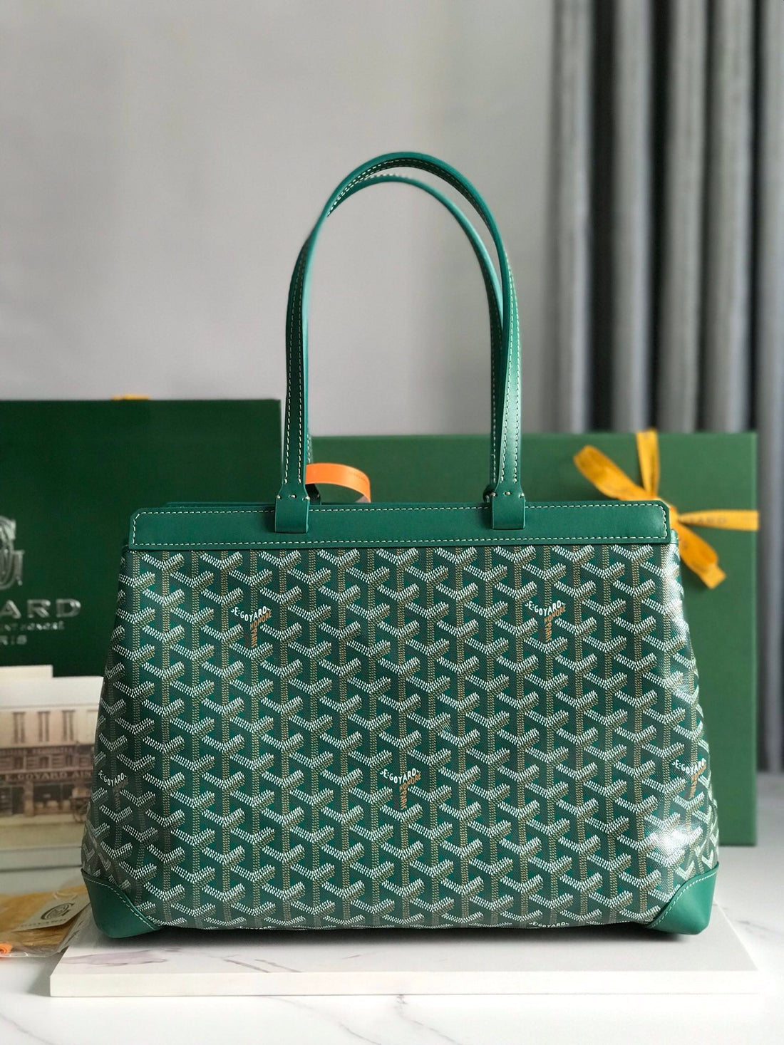BELLECHASSE BIAUDE PM BAG 36 IN GREEN GOYARDINE CANVAS AND CALFSKIN TRIM House Of Sarah