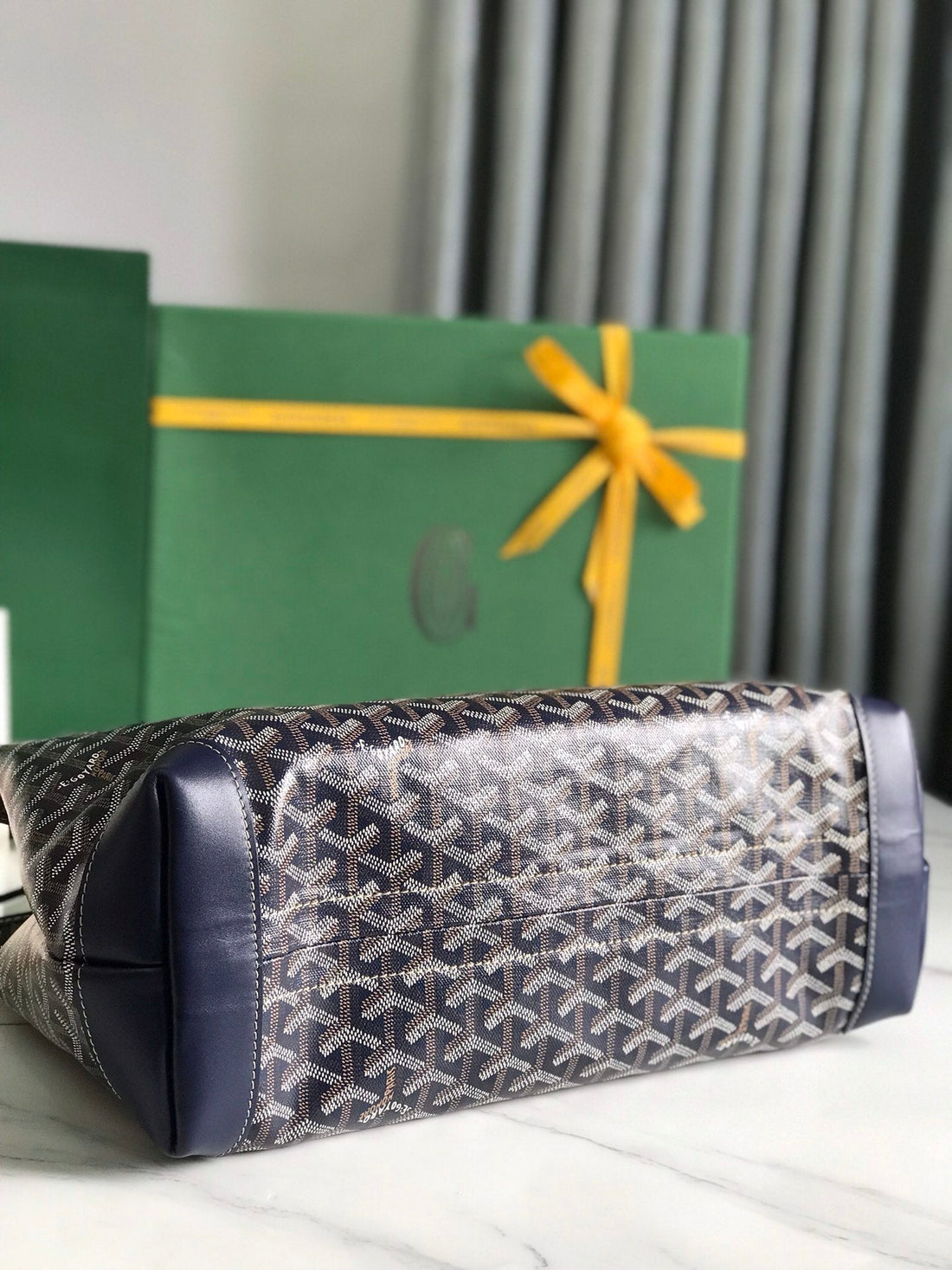 BELLECHASSE BIAUDE PM BAG 36 IN NAVY BLUE GOYARDINE CANVAS AND CALFSKIN TRIM House Of Sarah Bags
