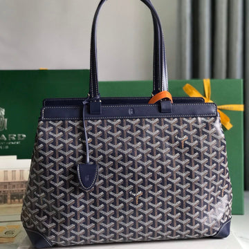 BELLECHASSE BIAUDE PM BAG 36 IN NAVY BLUE GOYARDINE CANVAS AND CALFSKIN TRIM House Of Sarah Bags