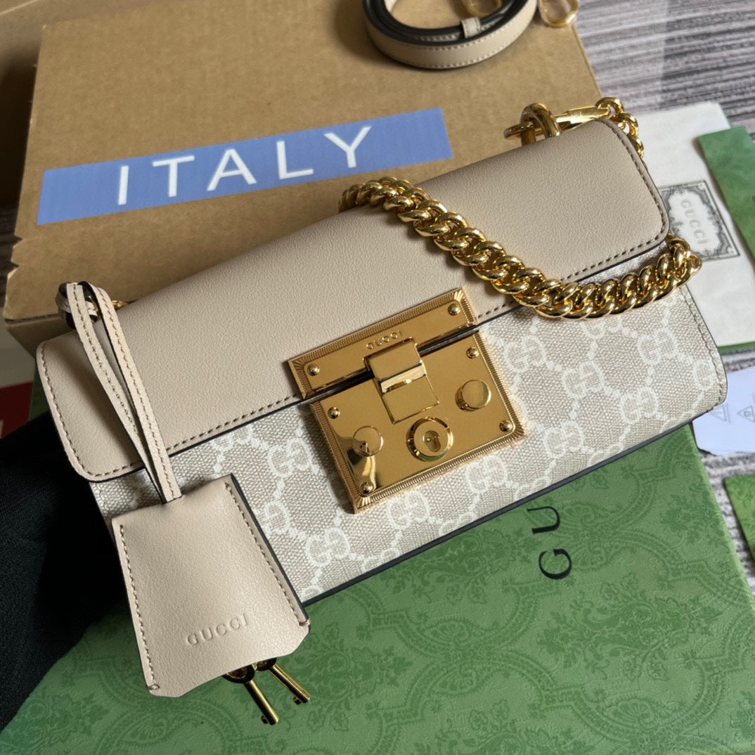PADLOCK 22 SMALL GG SHOULDER BAG IN BEIGE CALFSKIN AND CANVAS House Of Sarah Bags