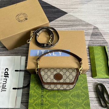 GG MINI 13 HANDBAG IN BEIGE CANVAS AND BROWN CALFSKIN House Of Sarah Bags