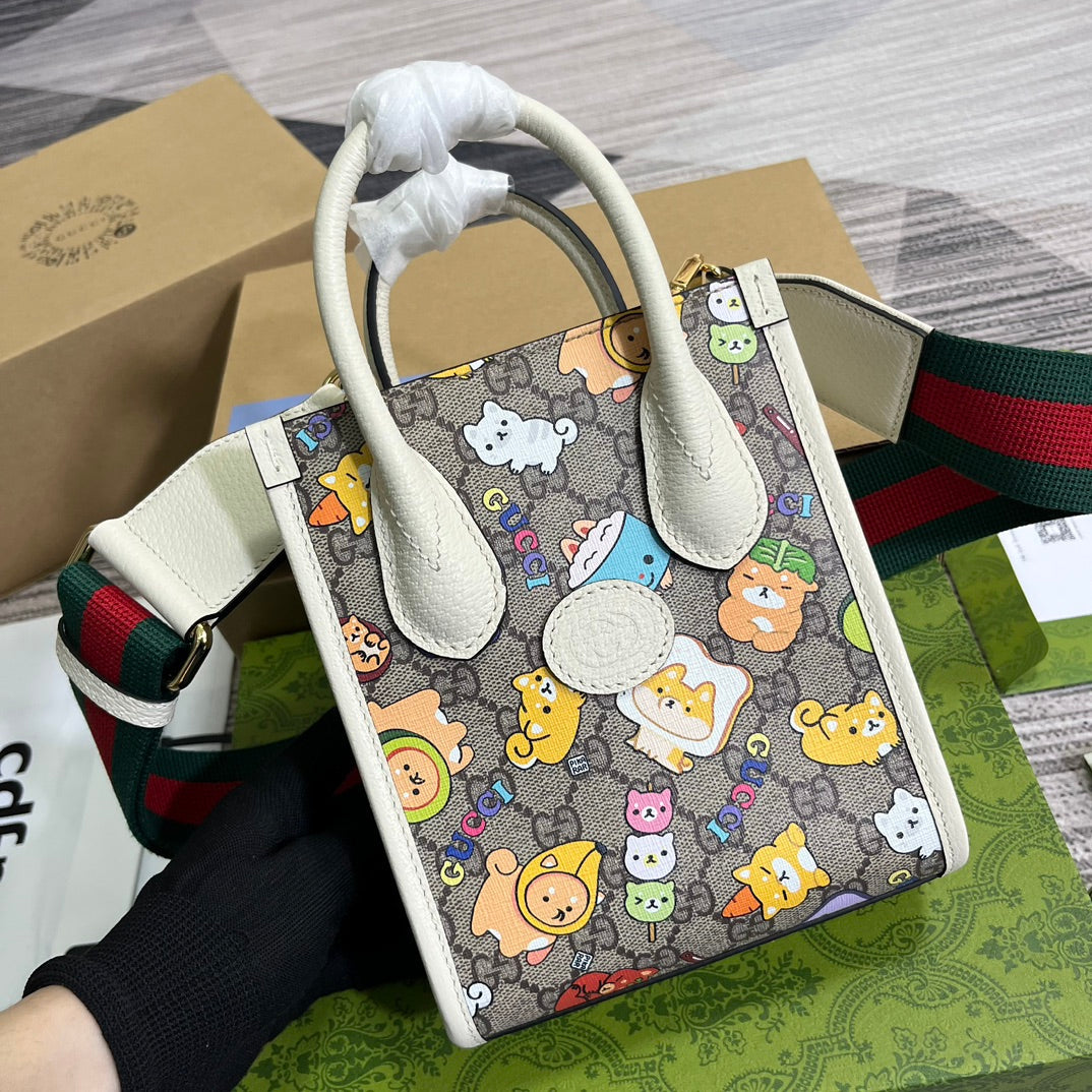 GG MINI 20 ANIMAL PRINTED TOTE IN BEIGE CANVAS AND WHITE CALFSKIN House Of Sarah