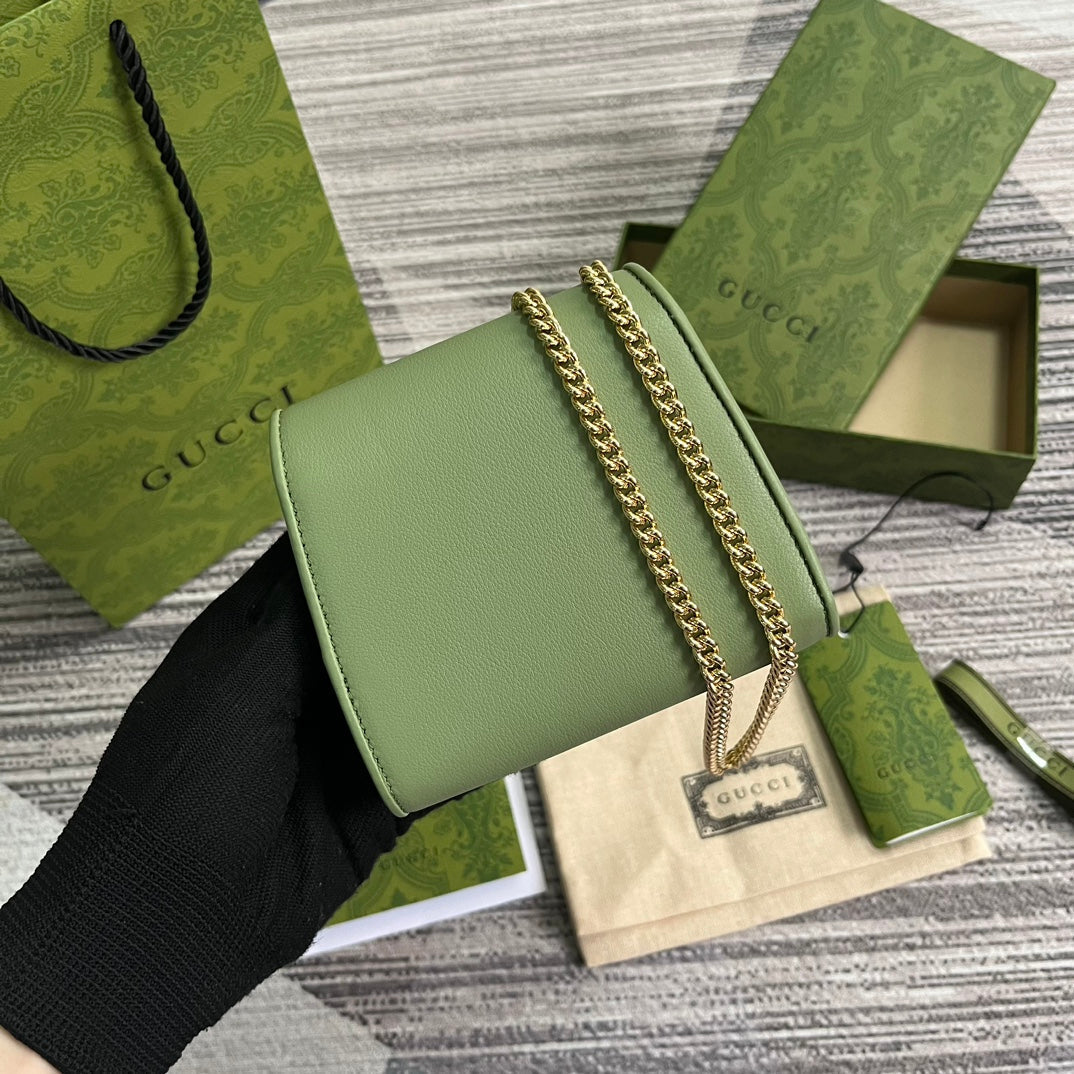 BLONDIE INTERLOCK MINI SHOULDER BAG 12 IN GREEN CALFSKIN GOLD CHAIN House Of Sarah Bags