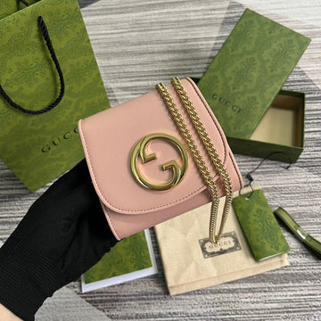 BLONDIE INTERLOCK MINI SHOULDER BAG 12 IN LIGHT PINK CALFSKIN GOLD CHAIN House Of Sarah