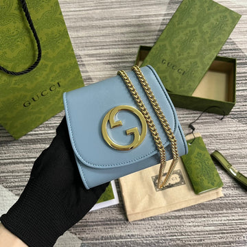 BLONDIE INTERLOCK MINI SHOULDER BAG 12 IN SKY BLUE CALFSKIN GOLD CHAIN House Of Sarah
