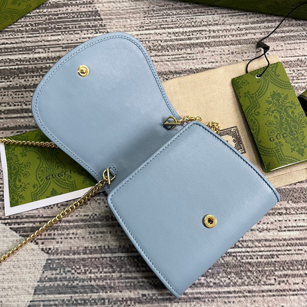 BLONDIE INTERLOCK MINI SHOULDER BAG 12 IN SKY BLUE CALFSKIN GOLD CHAIN House Of Sarah