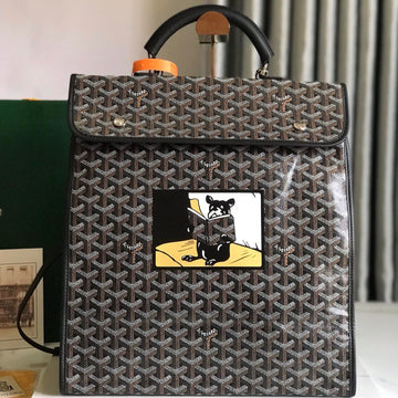 SAINT LÉGER BACKPACK 35 IN BROWN MIX BALCK GOYARDINE CANVAS AND CALFSKIN WITH CARTOON PATCH House Of Sarah