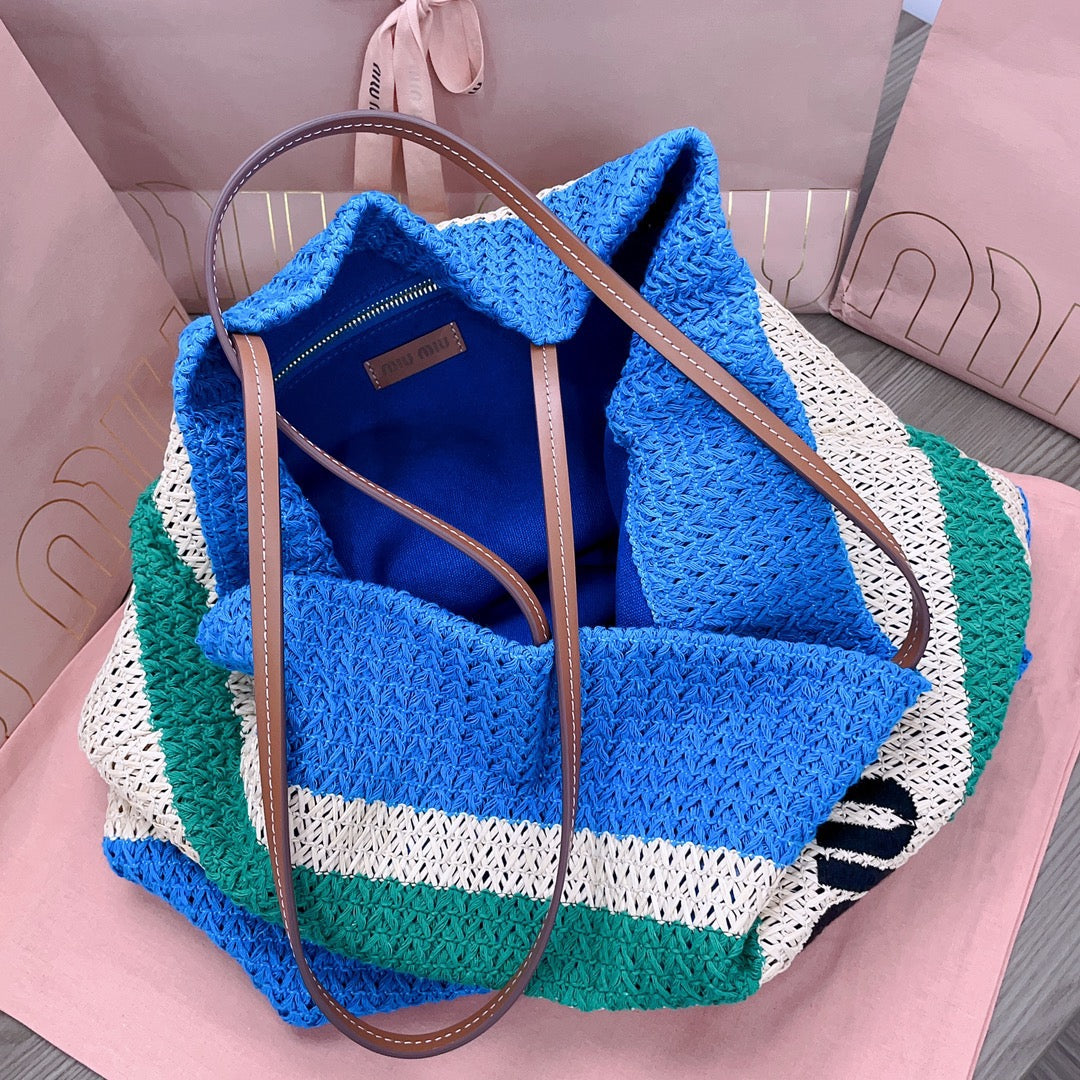 TOTE BAG 40 IN STRIPED PATTERN OF BLUE GREEN AND CREAM WHITE WOVEN RAFFIA House Of Sarah Bags