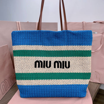 TOTE BAG 40 IN STRIPED PATTERN OF BLUE GREEN AND CREAM WHITE WOVEN RAFFIA House Of Sarah Bags
