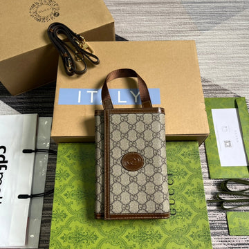 GG CLASP CLUTCH 20 IN BEIGE CANVAS AND BROWN CALFSKIN