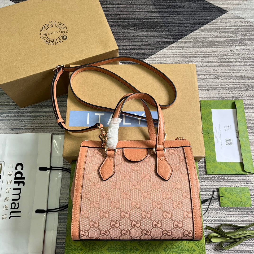 GG OPHIDIA SMALL 24 TOTE BAG IN BLUSH PINK CANVAS AND CALFSKIN House Of Sarah