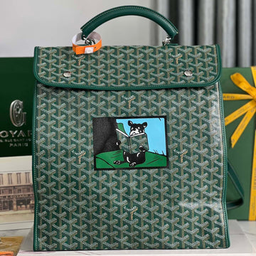 SAINT LÉGER BACKPACK 35 IN GREEN GOYARDINE CANVAS AND CALFSKIN WITH CARTOON PATCH House Of Sarah Bags