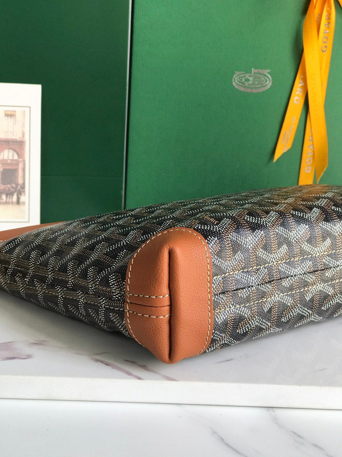 CONTI POUCH 24 IN TAN LAMBSKIN AND BLACK GOYARDINE CANVAS House Of Sarah Bags