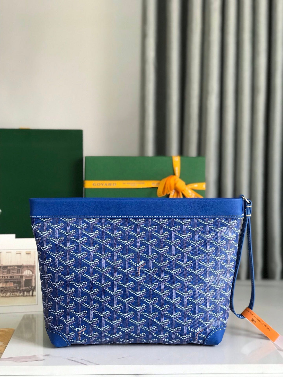 CONTI POUCH 24 IN SAPPHIRE BLUE LAMBSKIN AND GOYARDINE CANVAS by House Of Sarah