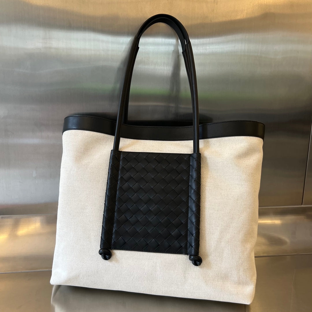 PORTELLO TOTE 53 IN BLACK CALFSKIN AND WHITE CANVAS House Of Sarah