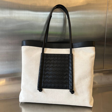 PORTELLO TOTE 53 IN BLACK CALFSKIN AND WHITE CANVAS House Of Sarah