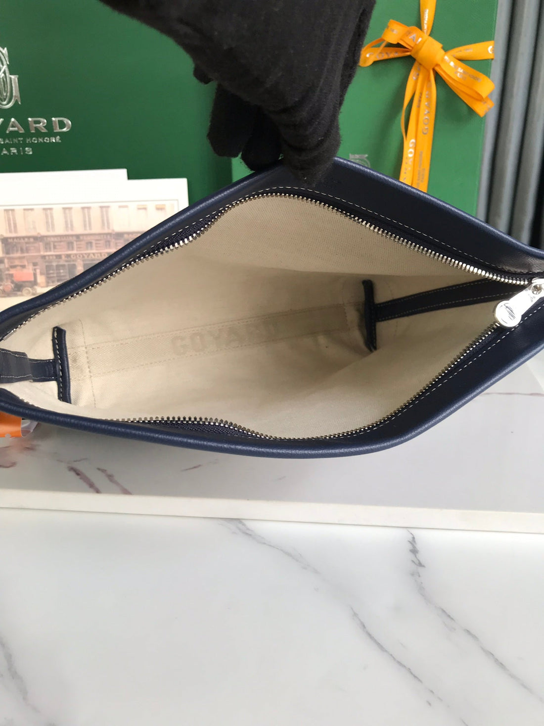 CONTI POUCH 24 IN NAVY BLUE LAMBSKIN AND GOYARDINE CANVAS House Of Sarah