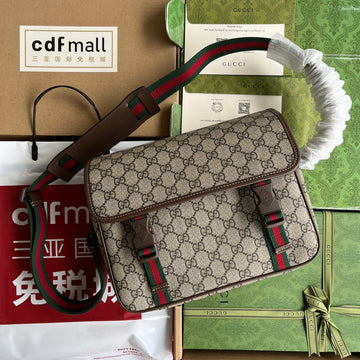 OPHIDIA MEDIUM MESSENGER BAG 27 IN BEIGE AND EBONY GG CALFSKIN GREEN RED WEB STRIPE CANVAS House Of Sarah