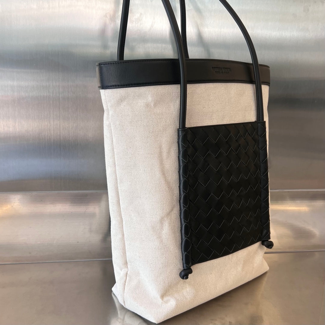 PORTELLO 41 TOTE IN BLACK CALFSKIN AND WHITE CANVAS House Of Sarah