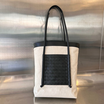 PORTELLO 41 TOTE IN BLACK CALFSKIN AND WHITE CANVAS House Of Sarah