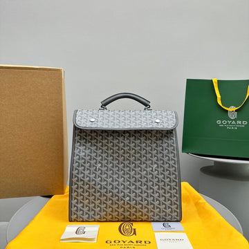 LEGER BACKPACK 37 IN GRAY GOYARDINE CANVAS WITH CALFSKIN TRIM House Of Sarah Bags
