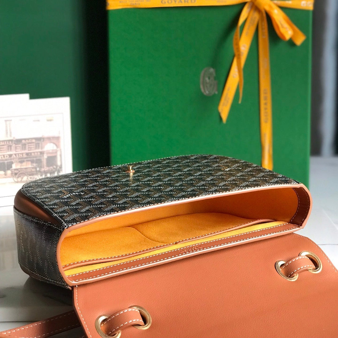 233 BAG 25 IN TAN CALFKIN AND BLACK GOYARDINE CANVAS by House Of Sarah