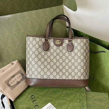 OPHIDIA SMALL TOTE BAG 31 BEIGE CANVAS AND BROWN CALFSKIN House Of Sarah Bags