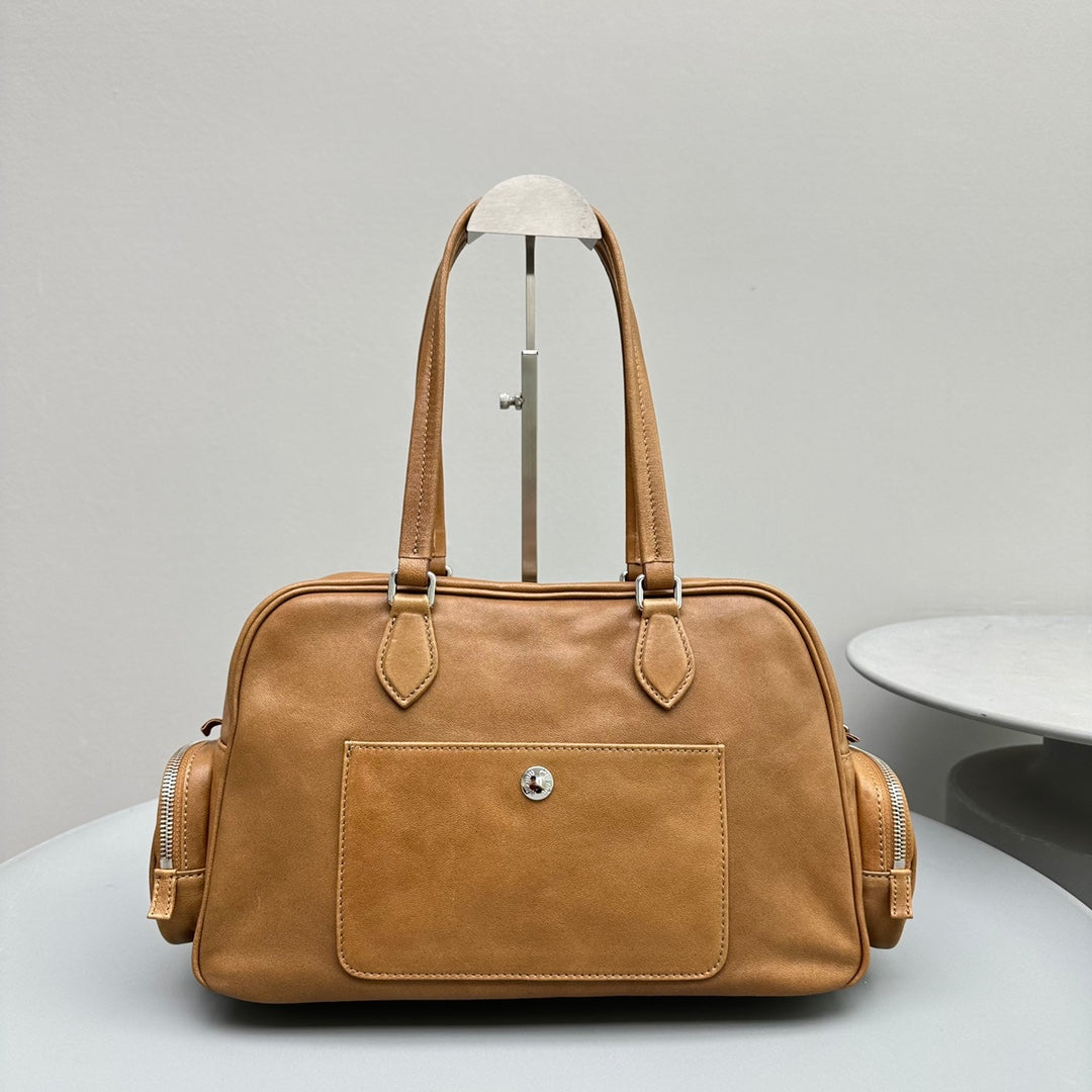 BIKER BAG 31 IN CARAMEL BROWN CALFSKIN By House Of Sarah