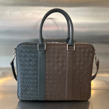 LARGE INTRECCIATO 40 BRIEFCASE IN LIGHT BROWN MIX DARK GREEN CALFSKIN House Of Sarah
