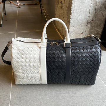 MEDIUM INTRECCIATO 50 CABIN DUFFLE IN BLACK WHITE CALFSKIN by House Of Sarah