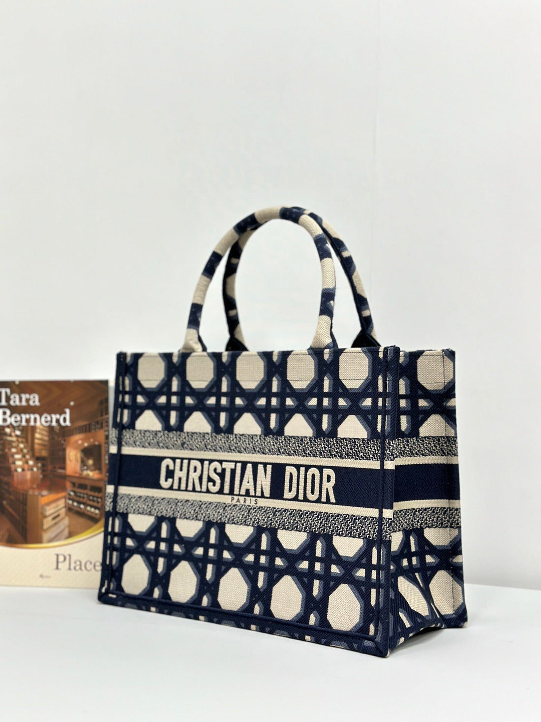 MEDIUM BOOK TOTE 37 BEIGE AND BLUE MACROCANNAGE EMBROIDERY House Of Sarah Bags