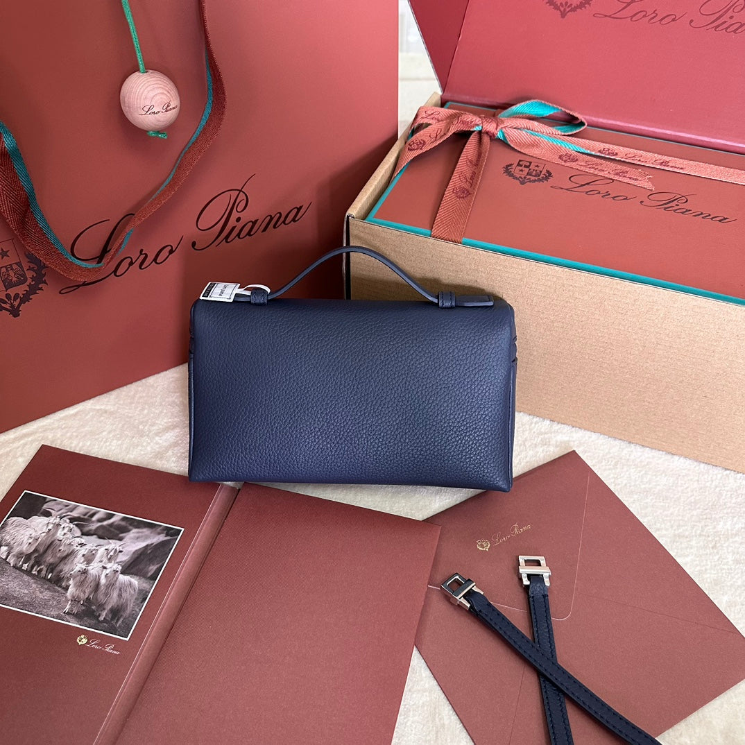 EXTRA POCKET L19 IN NAVY BLUE GRAINED CALFSKIN WITH SILVER HARDWARE House Of Sarah