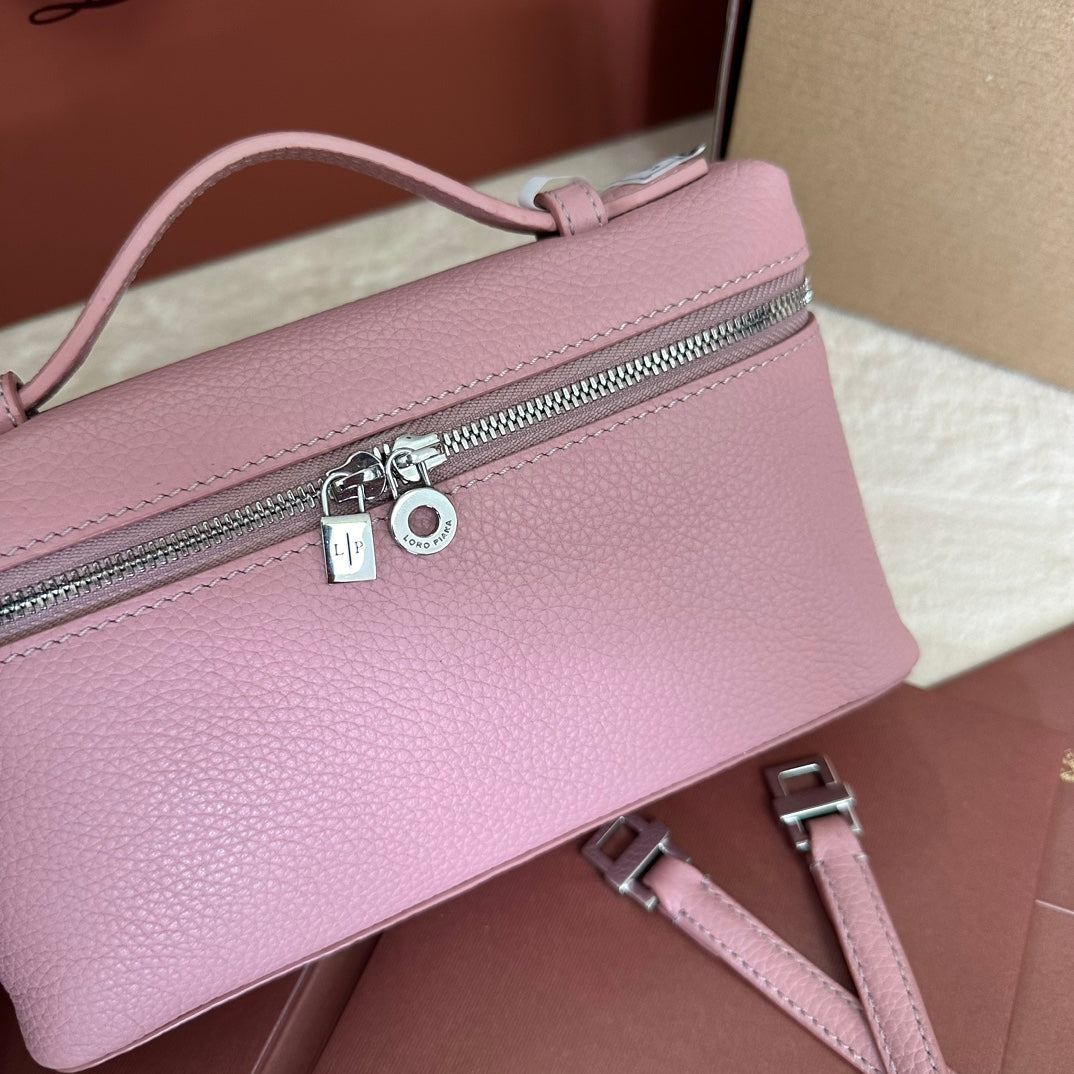 EXTRA POCKET L19 IN FLAMINGO PINK GRAINED CALFSKIN WITH SILVER HARDWARE by House Of Sarah