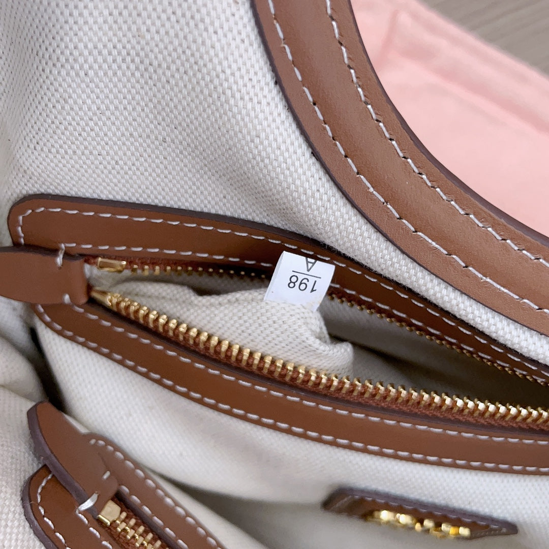 SMALL TOTE BAG 22 IN WHITE CANVAS AND BROWN CALFSKIN TRIM House Of Sarah