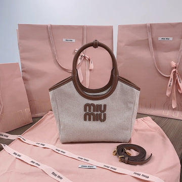 SMALL TOTE BAG 22 IN WHITE CANVAS AND BROWN CALFSKIN TRIM House Of Sarah