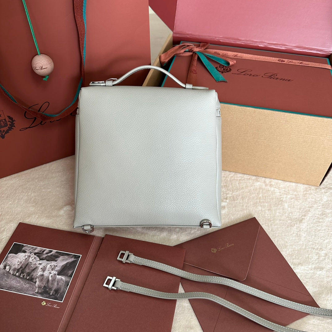 EXTRA POCKET BACKPACK L23.5 IN PEARL GRAY CALFSKIN WITH SILVER HARDWARE House Of Sarah Bags