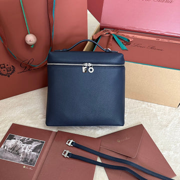 EXTRA POCKET BACKPACK L23.5 IN NAVY BLUE CALFSKIN WITH SILVER HARDWARE House Of Sarah Bags