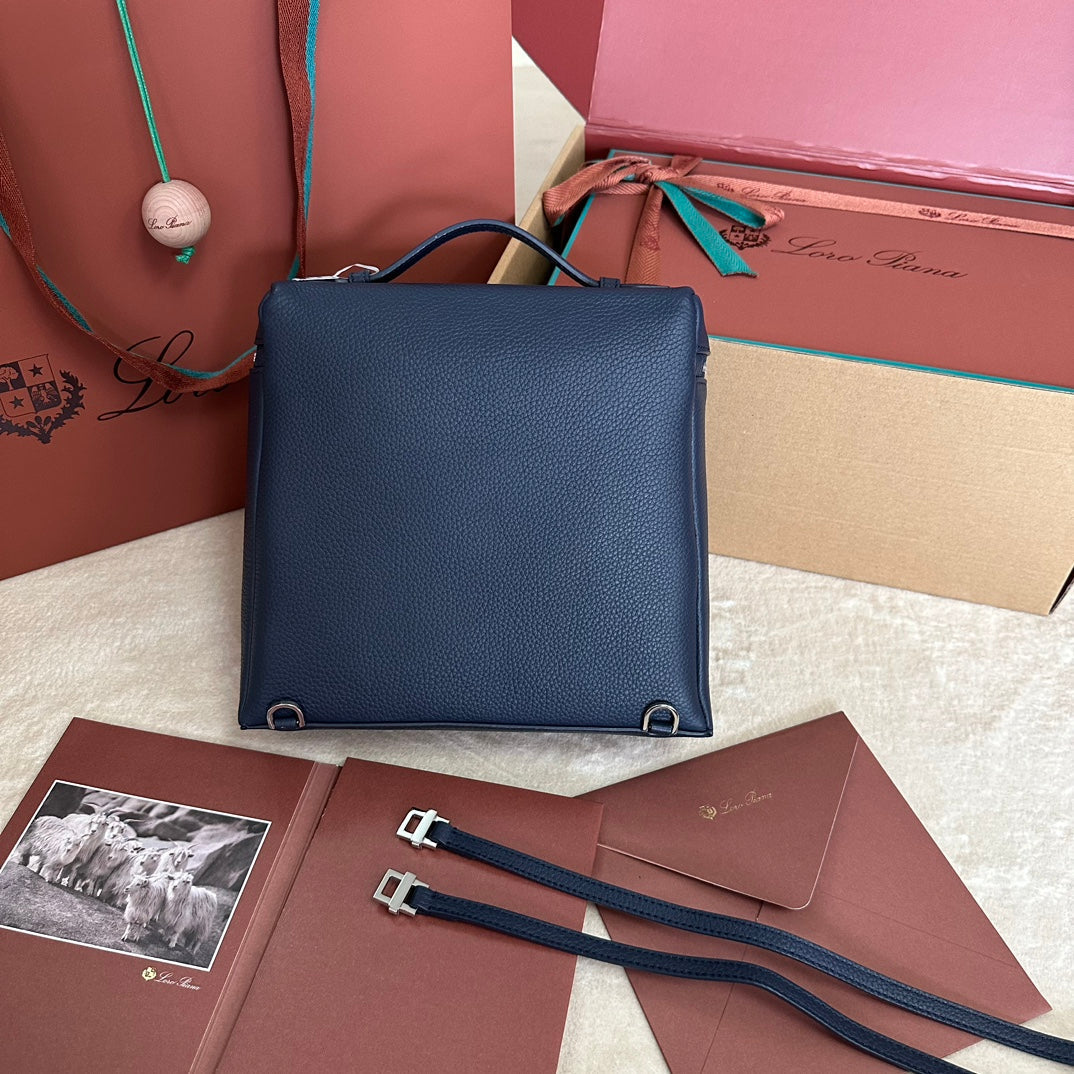 EXTRA POCKET BACKPACK L23.5 IN NAVY BLUE CALFSKIN WITH SILVER HARDWARE by House Of Sarah