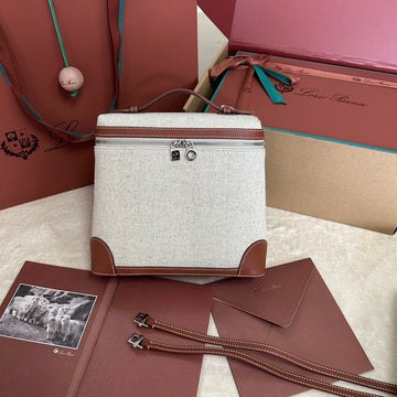 EXTRA POCKET BACKPACK L23.5 IN WHITE CANVAS AND BRONZE BROWN CALFSKIN by House Of Sarah