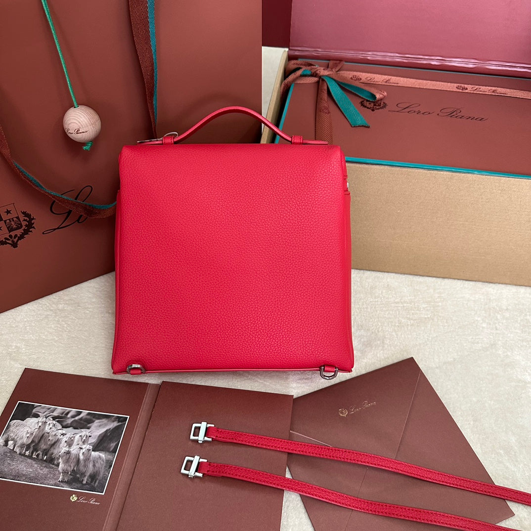 EXTRA POCKET BACKPACK L23.5 IN CHERRY RED CALFSKIN WITH SILVER HARDWARE House Of Sarah Bags