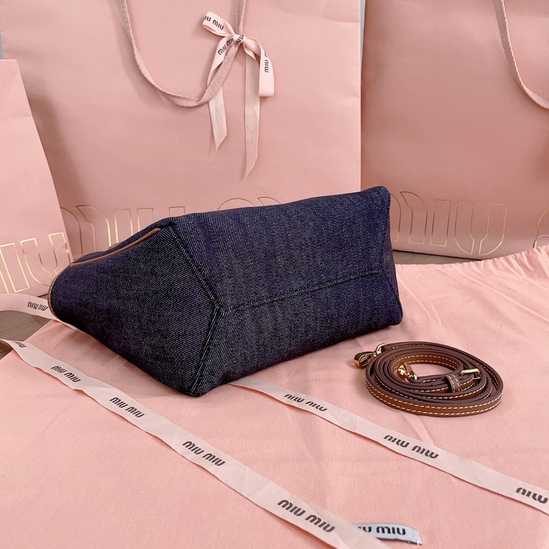 SMALL TOTE BAG 22 IN NAVY DENIM AND BROWN LEATHER TRIM House Of Sarah Bags
