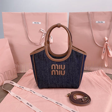 SMALL TOTE BAG 22 IN NAVY DENIM AND BROWN LEATHER TRIM By House Of Sarah