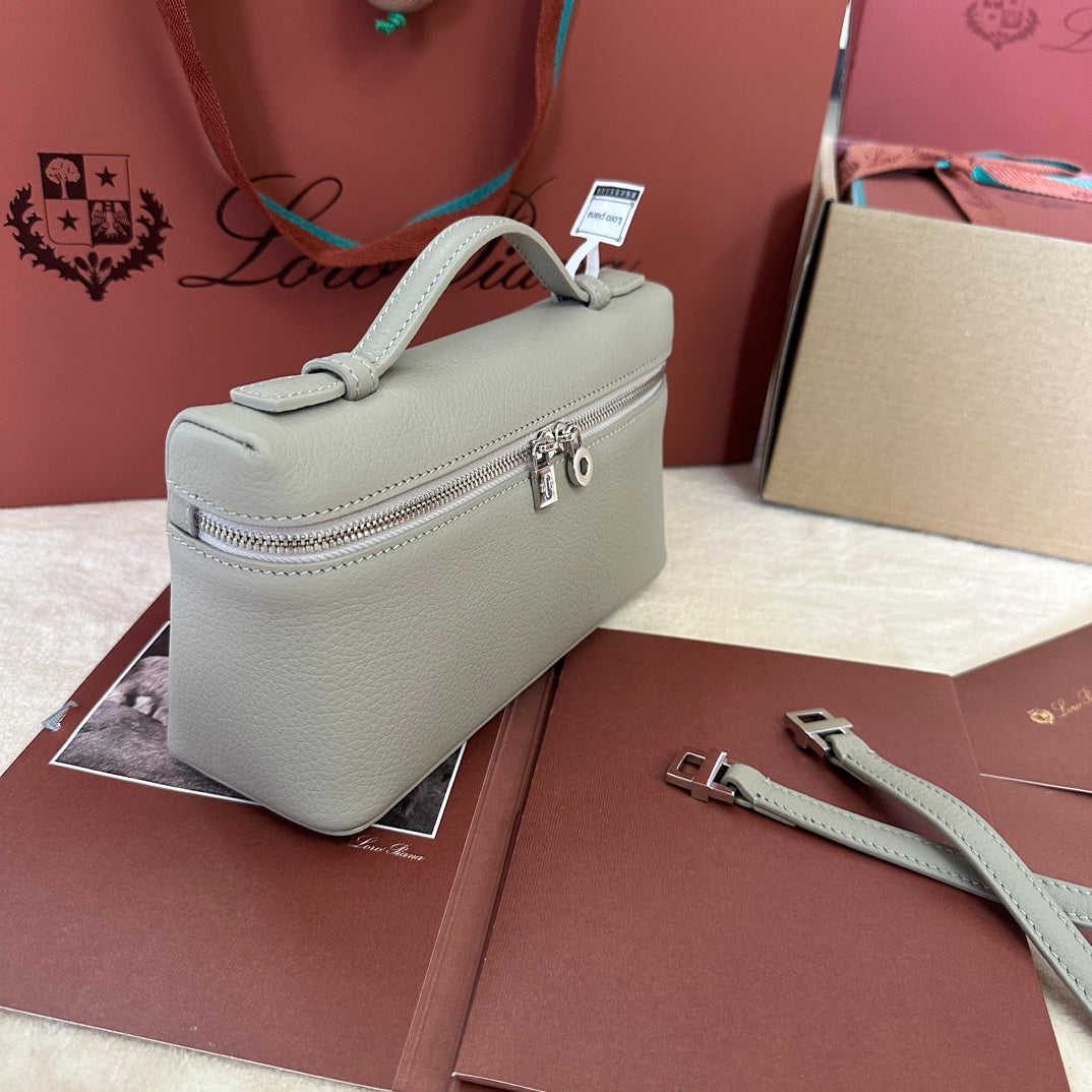EXTRA POCKET L19 IN PEARL GRAY GRAINED CALFSKIN WITH SILVER HARDWARE by House Of Sarah