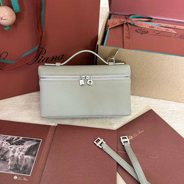 EXTRA POCKET L19 IN PEARL GRAY GRAINED CALFSKIN WITH SILVER HARDWARE by House Of Sarah