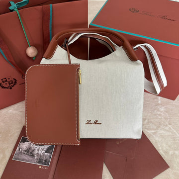 LARGE 36 BALE BAG IN WHITE CANVAS AND CHESTNUT BROWN CALFSKIN House Of Sarah Bags