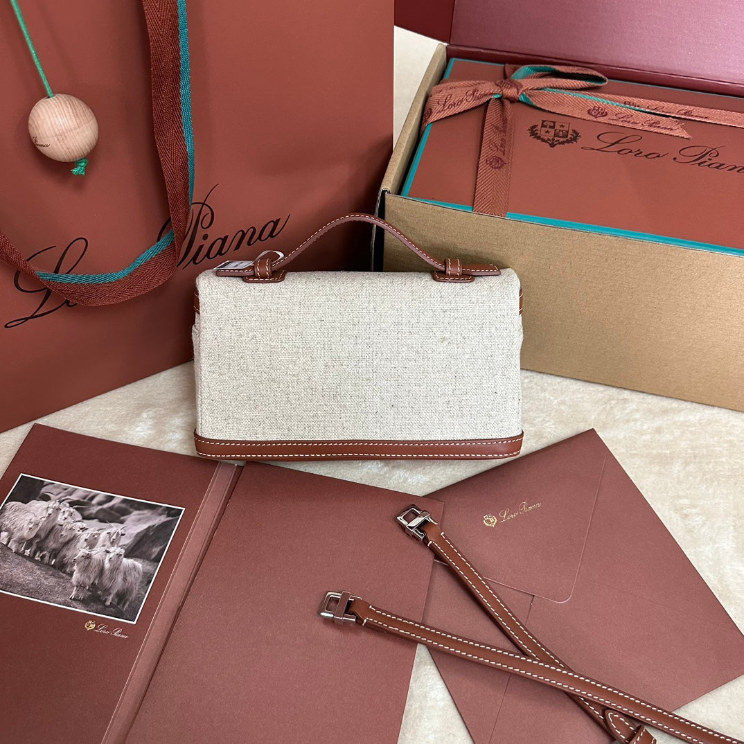 EXTRA POCKET L19 IN WHITE CANVAS AND BRONZE BROWN CALFSKIN WITH SILVER HARDWARE House Of Sarah
