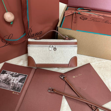 EXTRA POCKET L19 IN WHITE CANVAS AND BRONZE BROWN CALFSKIN WITH SILVER HARDWARE House Of Sarah