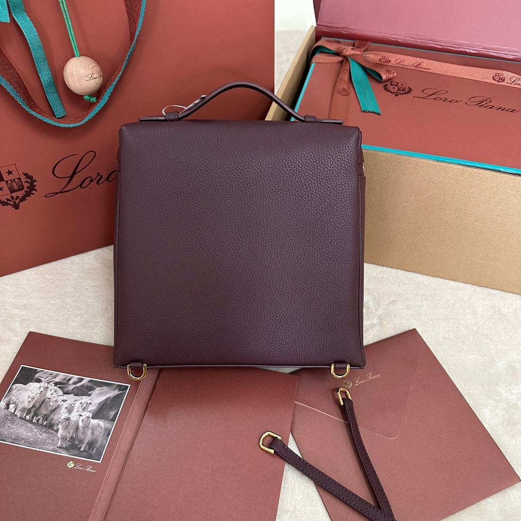 EXTRA POCKET BACKPACK L23.5 IN WINE PURPLE CALFSKIN WITH GOLD HARDWARE House Of Sarah Bags