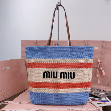 TOTE BAG 40 IN STRIPED PATTERN OF LIGHT BLUE ORANGE AND CREAM WHITE WOVEN RAFFIA House Of Sarah Bags